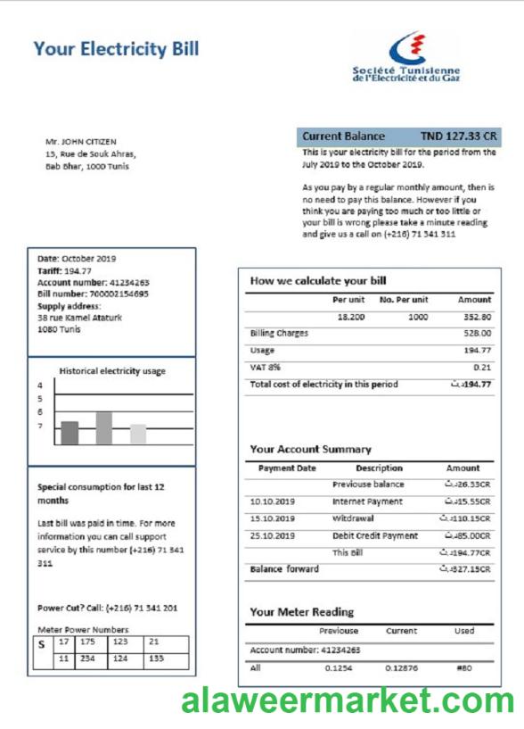 Tunisia electricity proof of address utility bill template in Word and PDF format